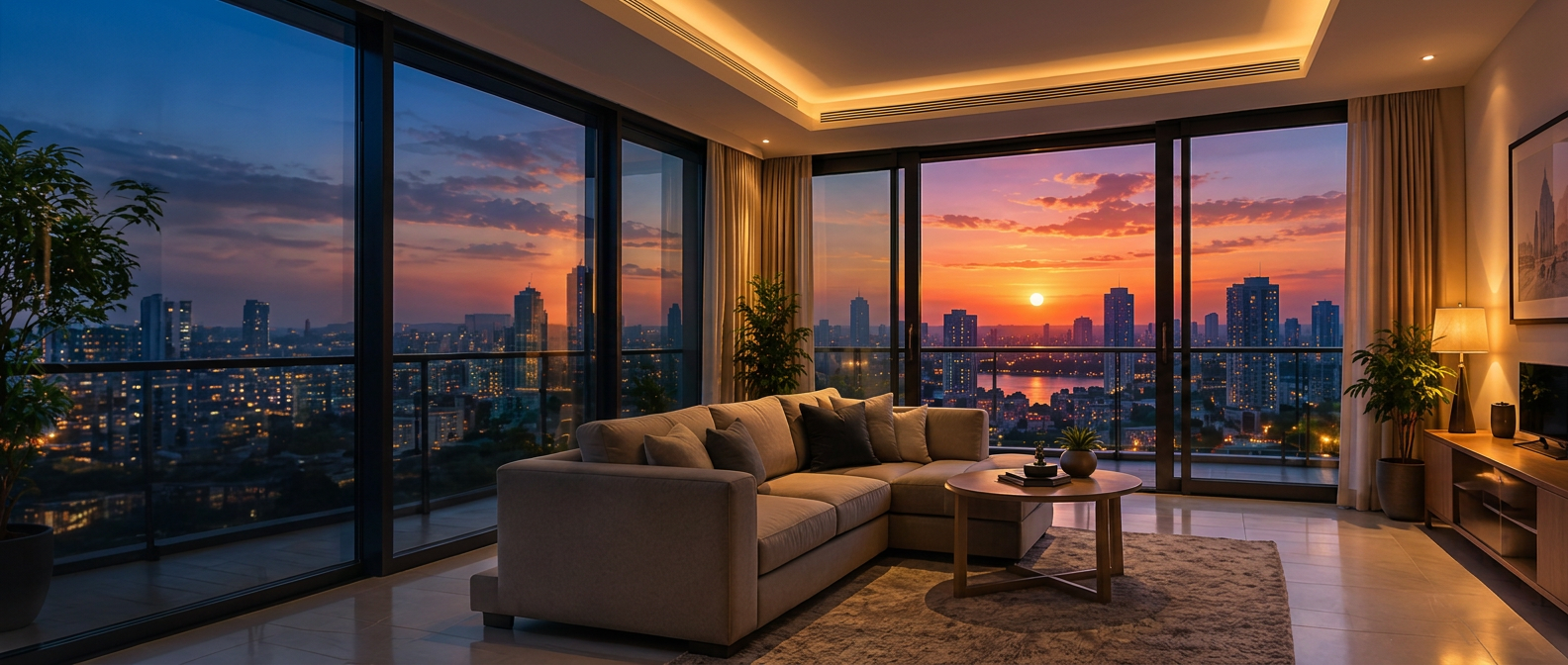 Luxury rental home overlooking the Pune skyline at sunset