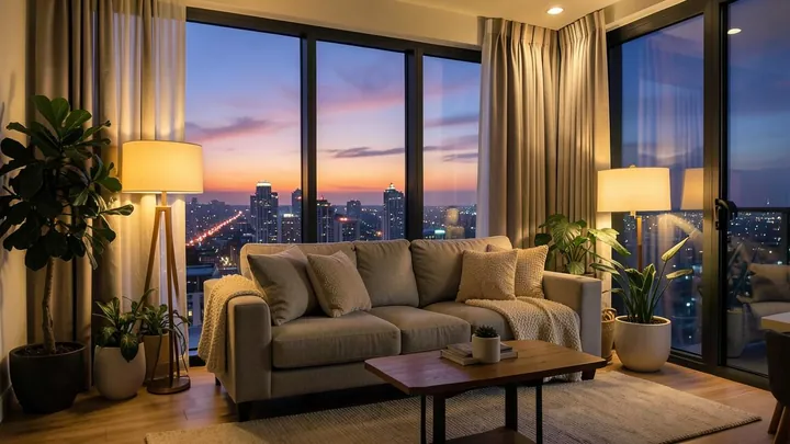 Modern living room with city view in a verified Rentfly rental home